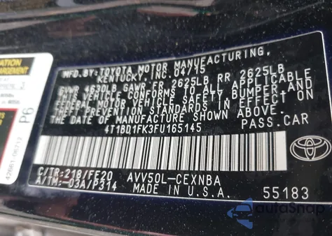 2015 Toyota Camry Hybrid Le z USA, uszkodzony, nr VIN 4T1BD1FK3FU165145